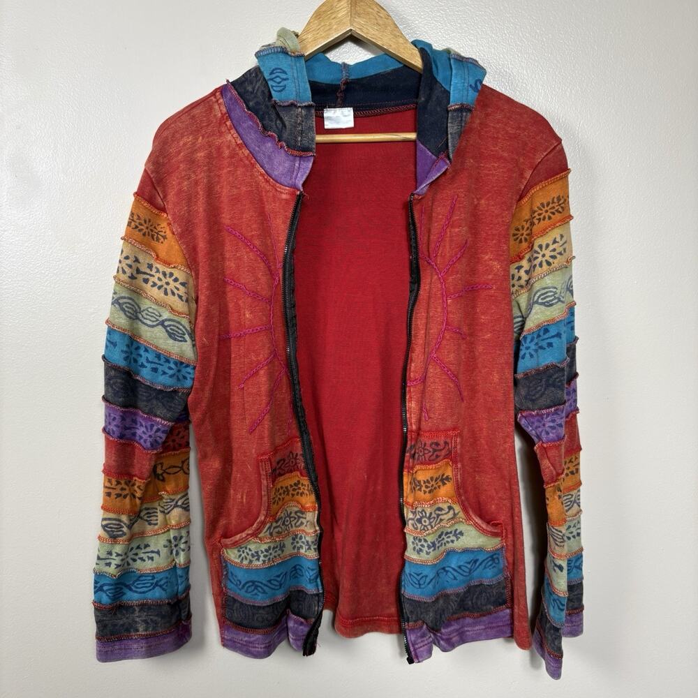 Vintage Patchwork Zip Hoodie Boho Festival Sun Embroidery Colorblock Jacket